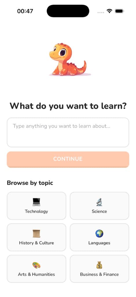 Learn Dino screen: choose what you want to learn and create a course